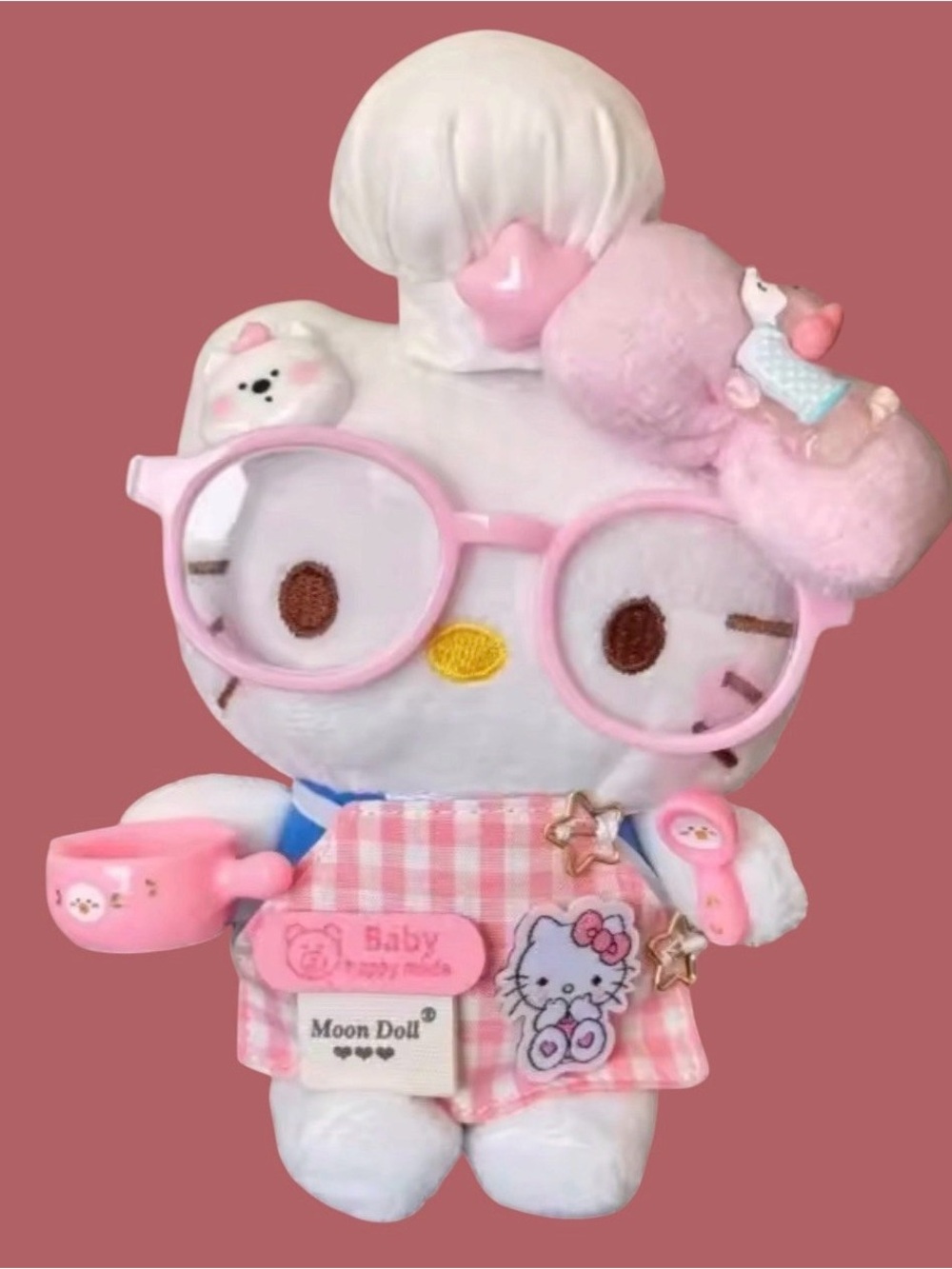 Hello Kitty White Plush with Pink Glasses and Gingham Apron Dangler